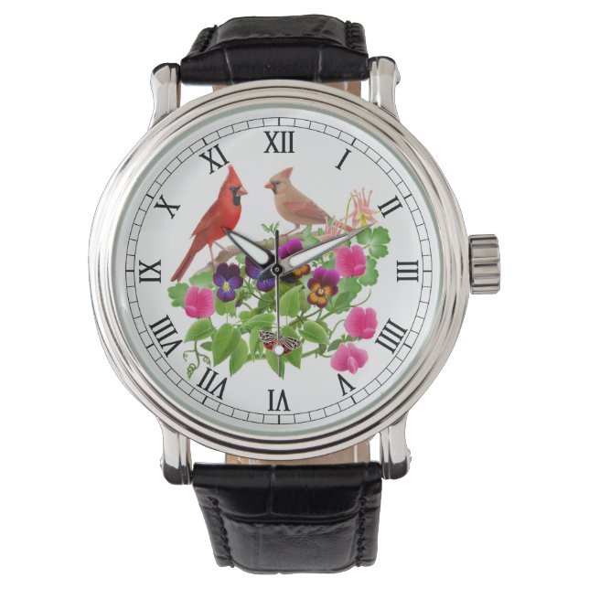 Kardinal Vögel auf Blume im Garten beobachten Armbanduhr (Vorderseite)