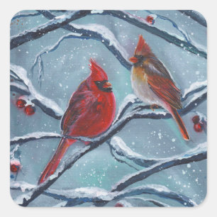 Kardinal Vögel Winter von Renee Lavoie Quadratischer Aufkleber