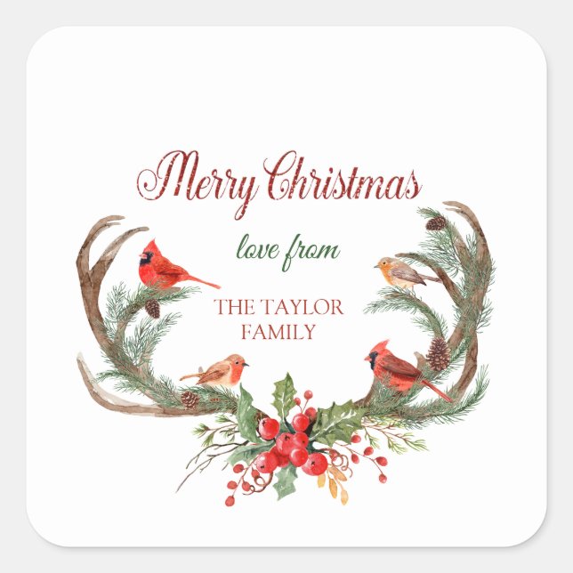 Kardinal Wasserfarbe Antler Rentier Weihnachten Quadratischer Aufkleber (Vorderseite)