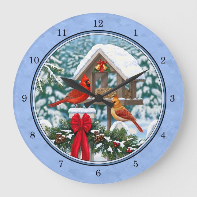 Kardinal Weihnachtsfest Blau Große Wanduhr (Vorderseite)