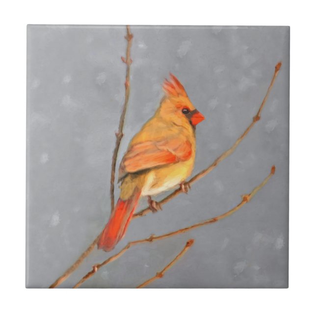 Kardinal zur Zweigmalerei - Originale Vogelkunst Fliese (Vorderseite)