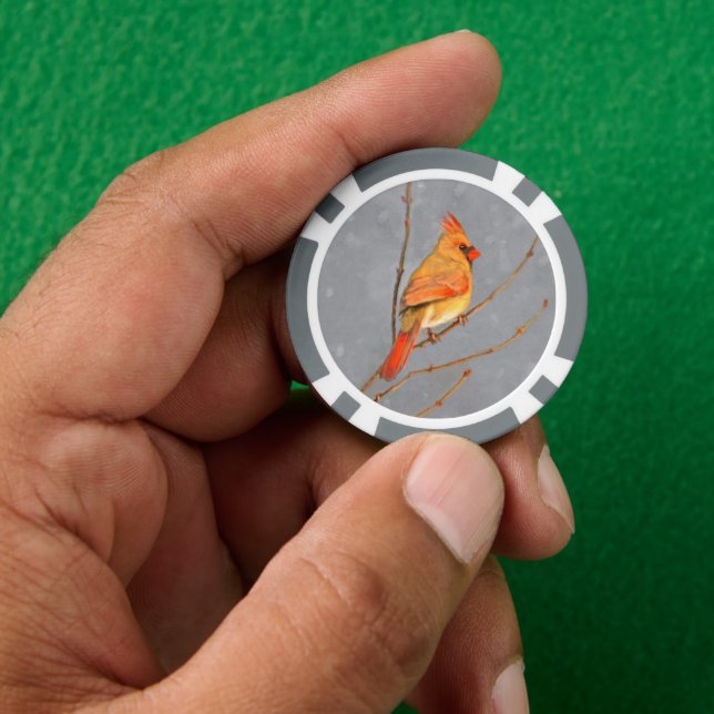 Kardinal zur Zweigmalerei - Originale Vogelkunst Pokerchips (Hand)