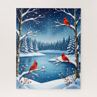 Kardinäle am Snowy Lake Winterlandschaft Puzzle