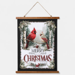 Kardinale auf Birke – Rustikales Frohe Weihnachten Wandteppich Mit Holzrahmen