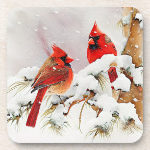 Kardinale auf einem Baumzweig in einer Weihnachtsw Getränkeuntersetzer