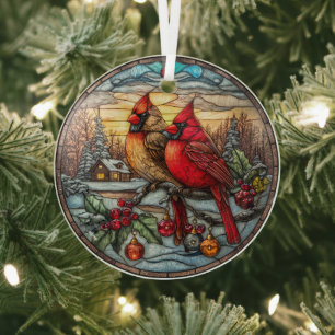 Kardinale auf schneebedecktem Ast mit Stechpalme Ornament Aus Glas