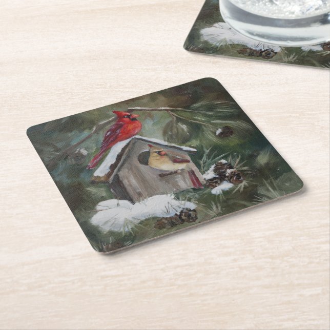 Kardinäle auf SnowyBirdhouse Rechteckiger Pappuntersetzer (angewinkelt)