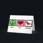 Kardinäle für eine friedliche Liebe Feiertagskarte<br><div class="desc">Ein hübsches Kardinal-Geschenk mit einem Friedenszeichen,  einem Herz und einem schönen Roten Vogel. Eine niedliche Vogelbeobachtung für einen Vogelbeobachter,  der die wunderschöne Vogelbeobachtung und das Sammeln cooler Vögel Liebe bietet. Kardinäle der friedlichen Liebe</div>