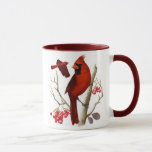"Kardinäle in der wilden" Vogel-Kaffee-Tasse Tasse<br><div class="desc">" Kardinäle in der wilden" Kaffee-Tasse nimmt die Majestät eines gehockten Kardinals auf der Anmut der Front sowie dieses wilden Vogels im Flug in der vollen Größe und Farbe auf der Rückseite der Tasse gefangen. Betont mit einer kastanienbraunen Kante und einem Griff, ist diese schöne Tasse sicher, den Morgen jedes...</div>