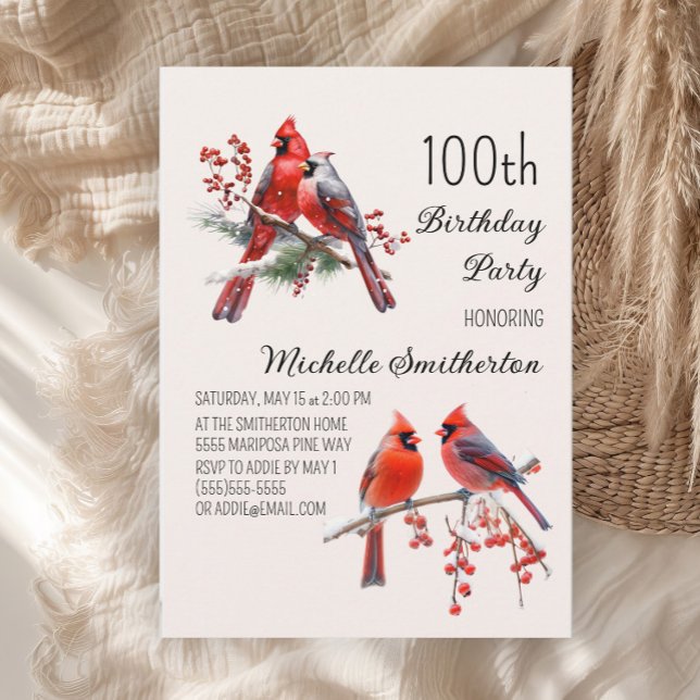 Kardinäle Schnee Wintervögel 100. Geburtstag Einladung (Red cardinals women's 100th birthday party invitation)
