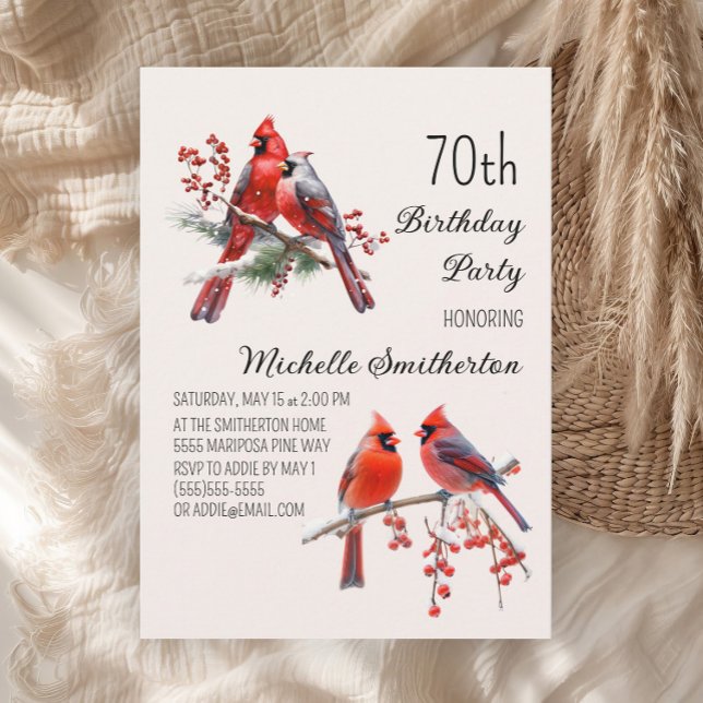 Kardinäle Schnee Wintervögel 70. Geburtstag Einladung (Red cardinals 70th birthday party invitation)