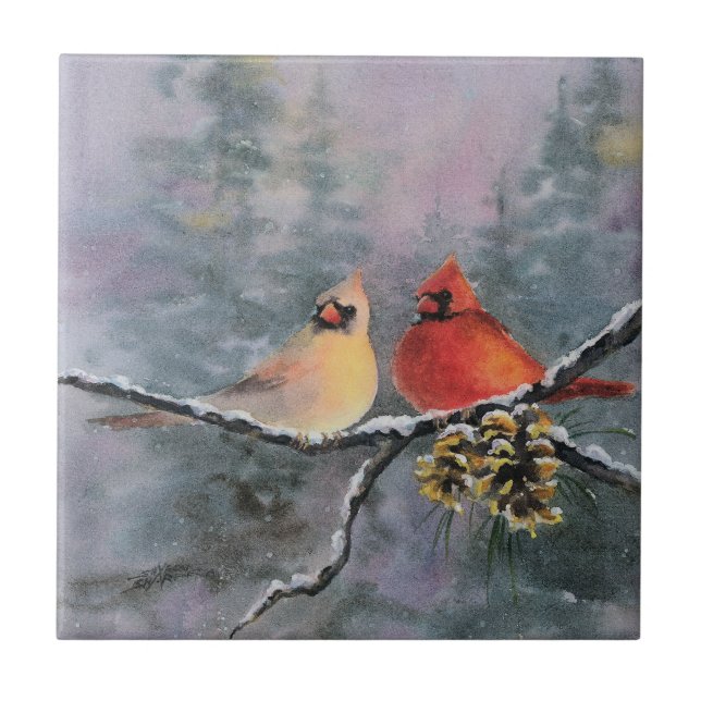 KARDINÄLE u. KIEFERN-KEGEL durch SHARON SHARPE Fliese (Vorderseite)