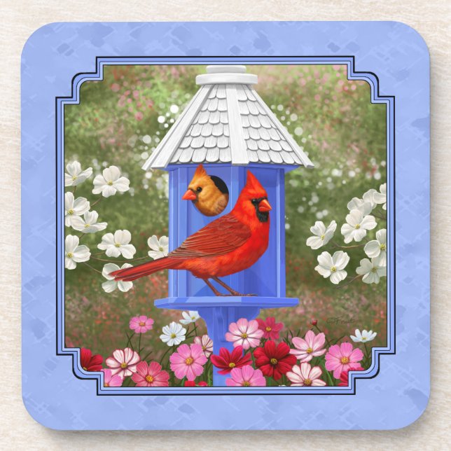 Kardinäle und Round Birdhouse Blue Getränkeuntersetzer (Vorderseite)
