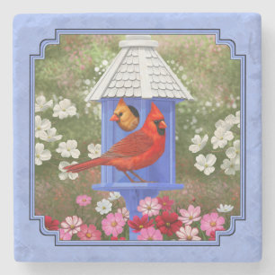 Kardinäle und Round Birdhouse Blue Steinuntersetzer