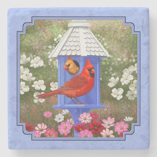 Kardinäle und Round Birdhouse Blue Steinuntersetzer (Vorderseite)
