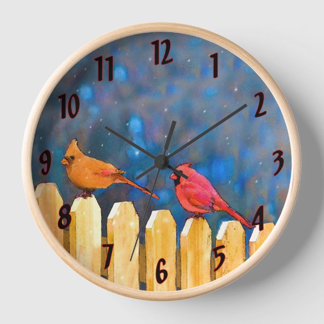 Kardinäle zur Zaunmalerei - Originelle Kunst Uhr (Vorderseite)