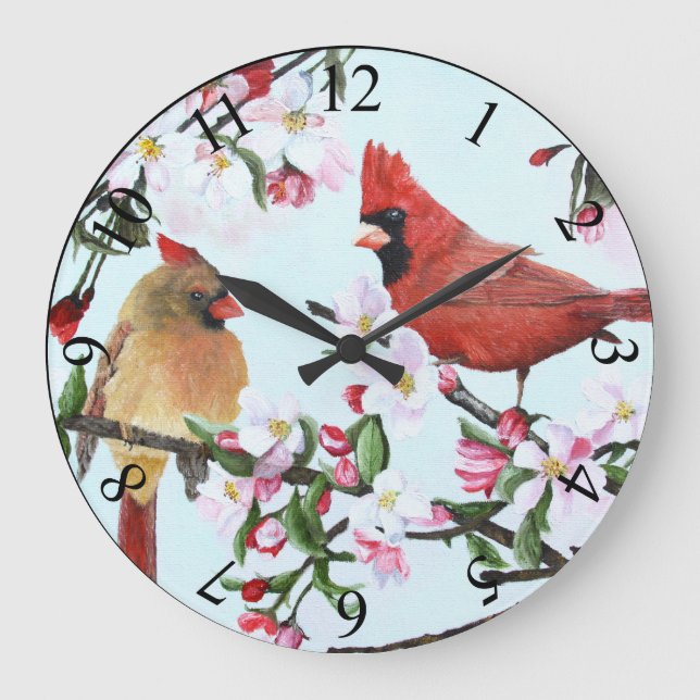 Kardinals und Apple Blossoms Wall Clock Große Wanduhr (Vorderseite)