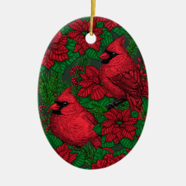 Kardinals und Poinsettia for Christmas Keramik Ornament (Vorne)