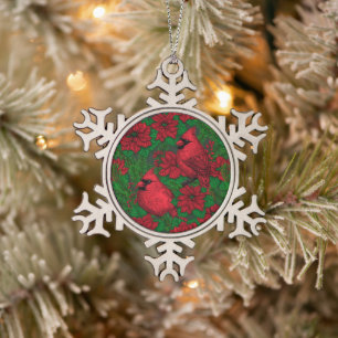 Kardinals und Poinsettia for Christmas Schneeflocken Zinn-Ornament