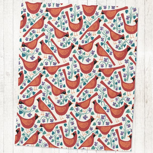 Kardinalvogel Blau Veilchen Blumen Blockdruck Fleecedecke (Cardinal bird blue wood violet flower arts and crafts style block print fleece blanket)