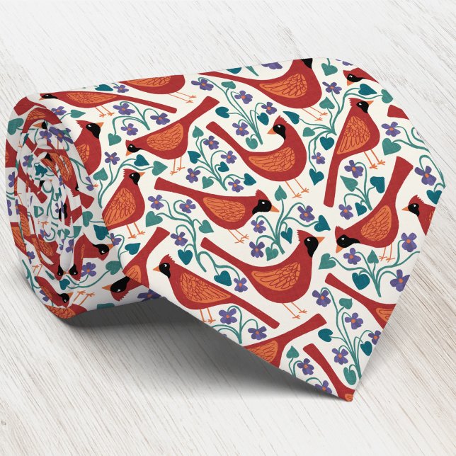 Kardinalvogel Blau Veilchen Blumen Blockdruck Krawatte (Northern red cardinal wild wood violet state bird flower Illinois pattern neck tie)