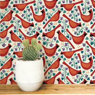 Kardinalvogel Blau Veilchen Blumen Blockdruck Tapete