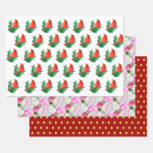 Kardinalvögel, Pfingstrosen & goldenes Konfetti Geschenkpapier Set