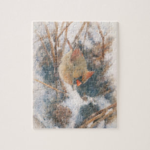 Kardinalweibchen Winter Aquarell Puzzle