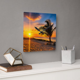 Karibik-Sonnenuntergangs-Palm-Wanduhr Quadratische Wanduhr