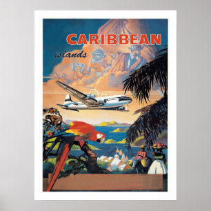 Karibikinseln mit Flugzeug, Vintage-Fluggesellscha Poster