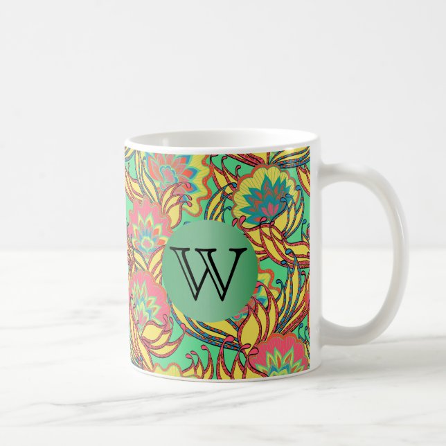 Karibische Farben Boho Floral mit Monogramm Kaffeetasse (Rechts)
