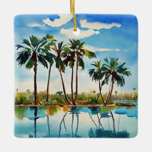 Karibische tropische Insel Palmen Wasserfarbe v1 Keramikornament