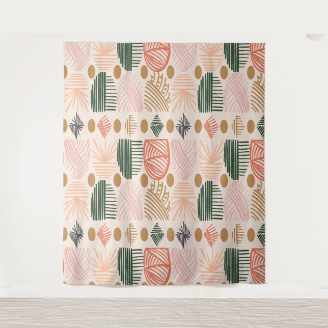 Karibischer Stammbaum: Boho Dark Green, Pink Wandteppich (Vorderseite)