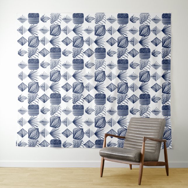 Karibischer Stammbaum: Weiß, Navy Blue Wandteppich (Beispiel (Horizontal))