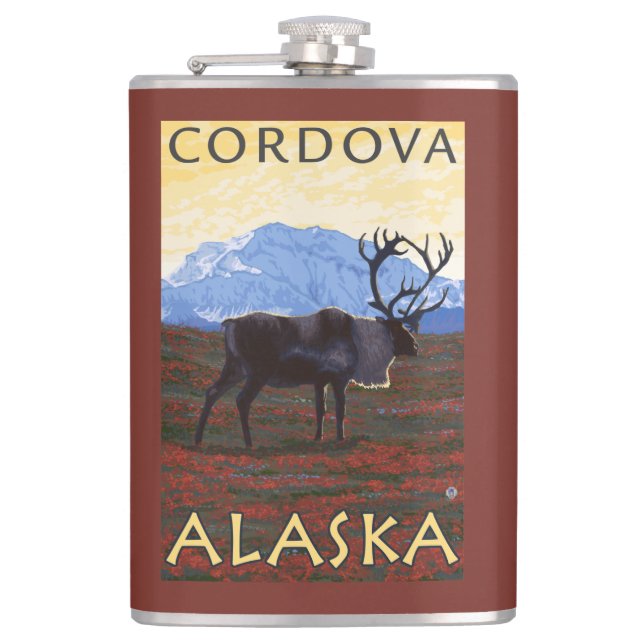 Karibu-Szene - Cordova, Alaska Flachmann (Vorderseite)