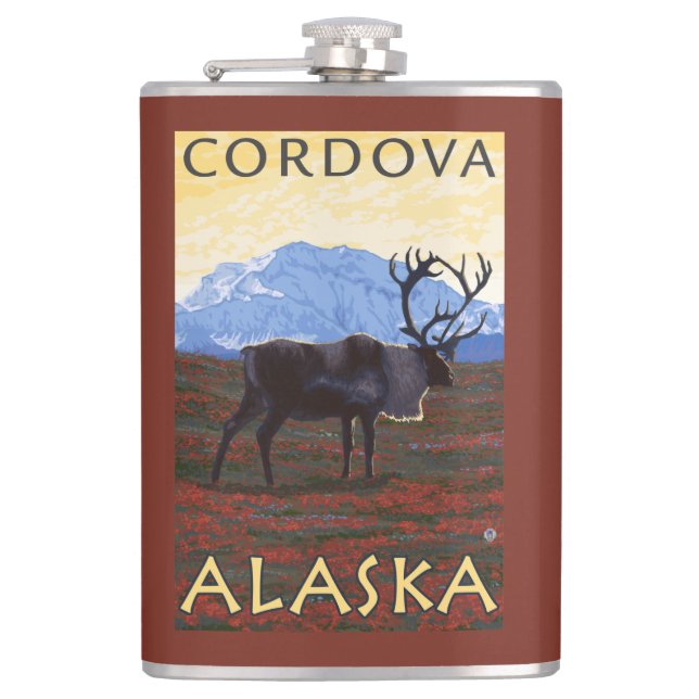 Karibu-Szene - Cordova, Alaska Flachmann (Vorderseite)