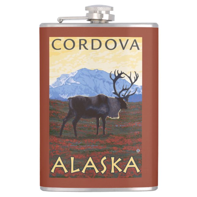 Karibu-Szene - Cordova, Alaska Flachmann (Vorderseite)