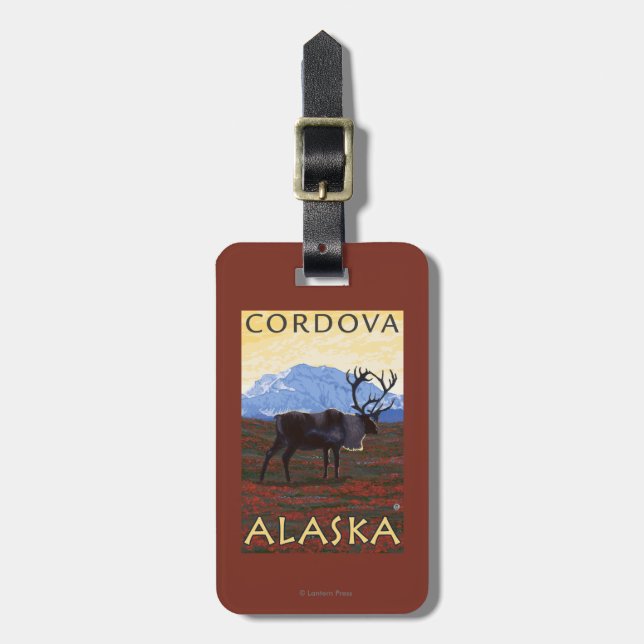 Karibu-Szene - Cordova, Alaska Gepäckanhänger (Vorderseite vertikal)