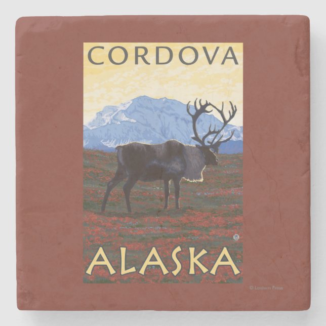 Karibu-Szene - Cordova, Alaska Steinuntersetzer (Vorderseite)