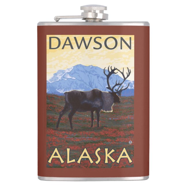 Karibu-Szene - Dawson, Alaska Flachmann (Vorderseite)