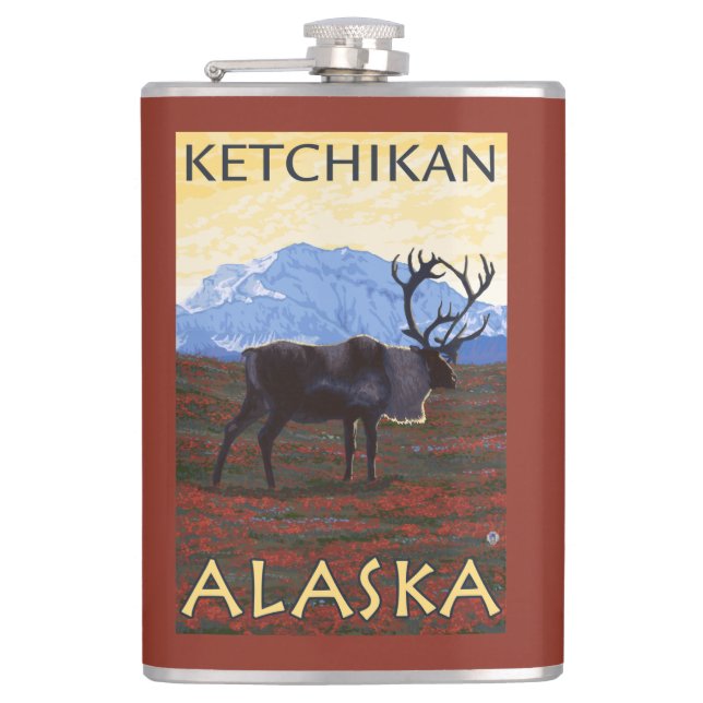 Karibu-Szene - Ketchikan, Alaska Flachmann (Vorderseite)