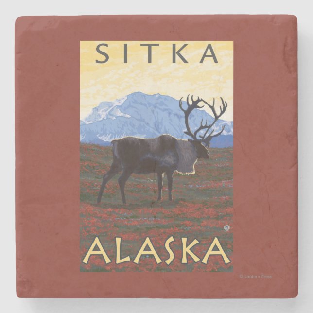 Karibu-Szene - Sitka, Alaska Steinuntersetzer (Vorderseite)