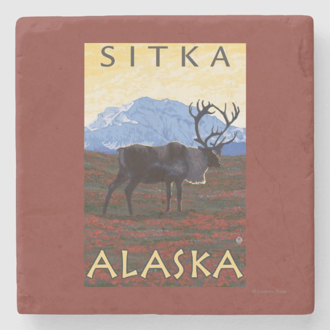 Karibu-Szene - Sitka, Alaska Steinuntersetzer (Vorderseite)