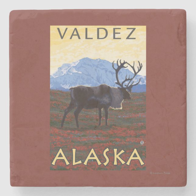 Karibu-Szene - Valdez, Alaska Steinuntersetzer (Vorderseite)