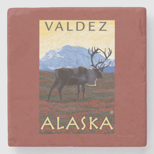 Karibu-Szene - Valdez, Alaska Steinuntersetzer (Vorderseite)