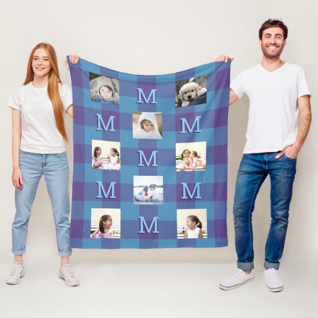 Kariert Blau Lila Cooles Monogramm 8 Foto Fleecedecke (Beispiel)