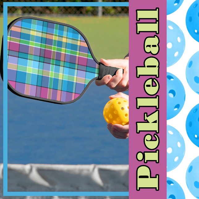 Kariert Blau, Lila, Grün, Gelb-Türkis Madras Pickleball Schläger (Plaid Blue, Purple, Green, Yellow Turquoise Madras Pickleball Paddle)