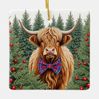 Kariert Bow Krawatte Hochland Kuh Weihnachtsschmuc Keramikornament