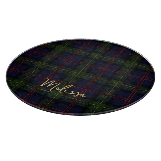 Kariert Clan Malcolm Green Lila Script Tartan Schneidebrett (Ecke)