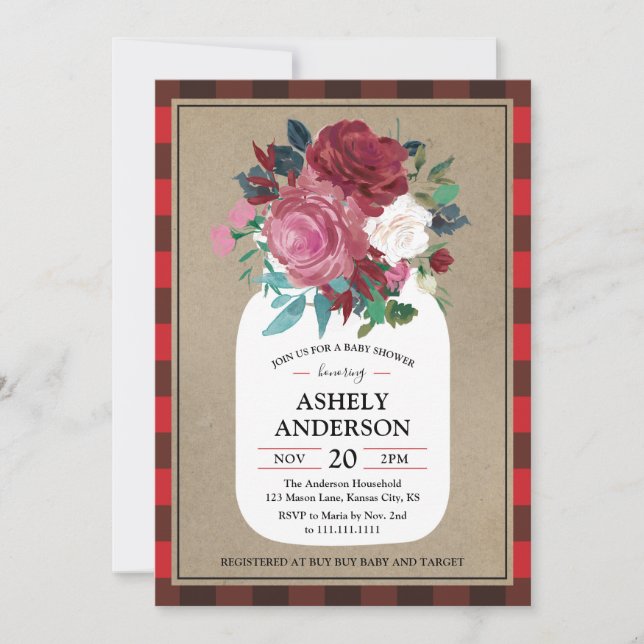 Kariert Country Mason Jar Kinderdusche Einladung (Vorderseite)